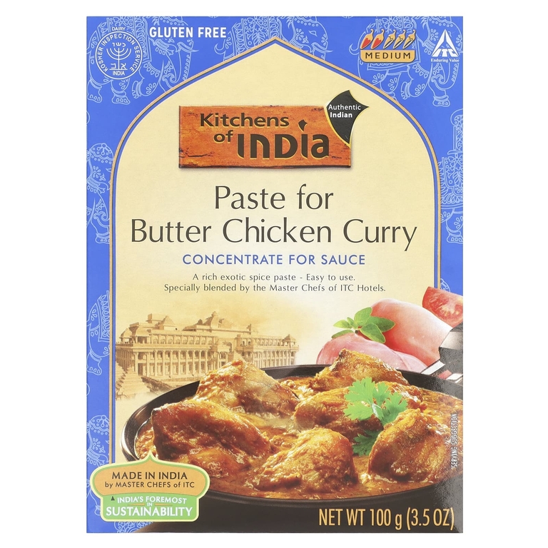 Kitchens of India, паста для приготовления карри из курицы в сливочно-томатном соусе, концентрат для приготовления соуса, неострая, 100 г (3,5 унции)