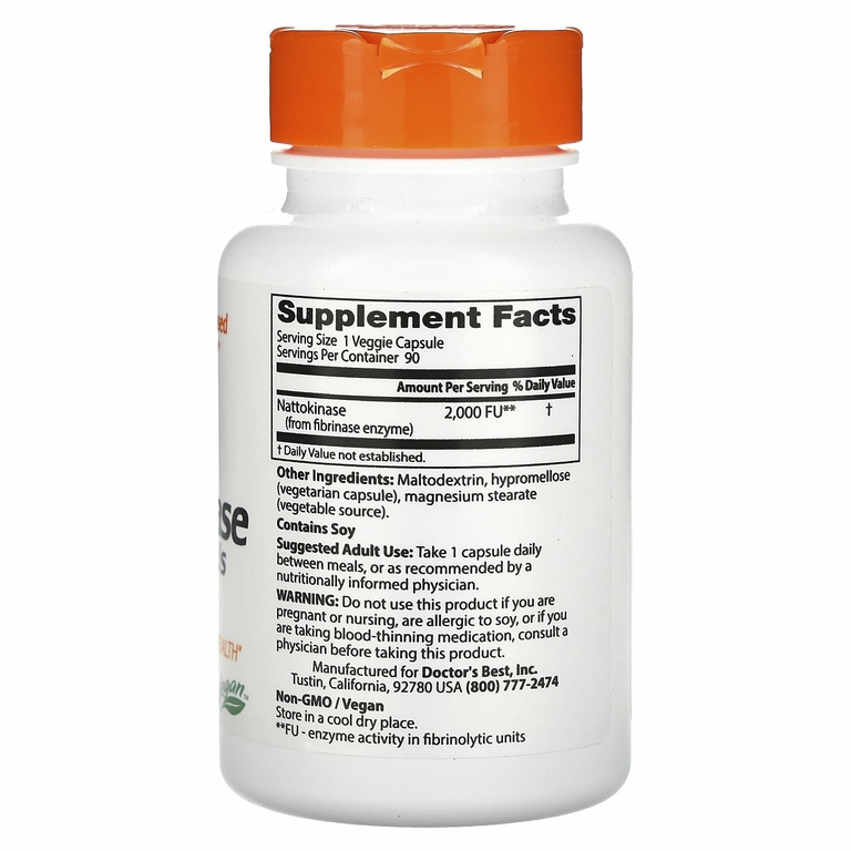 Doctor's Best, наттокиназа, 2000 FU, 90 вегетарианских капсул