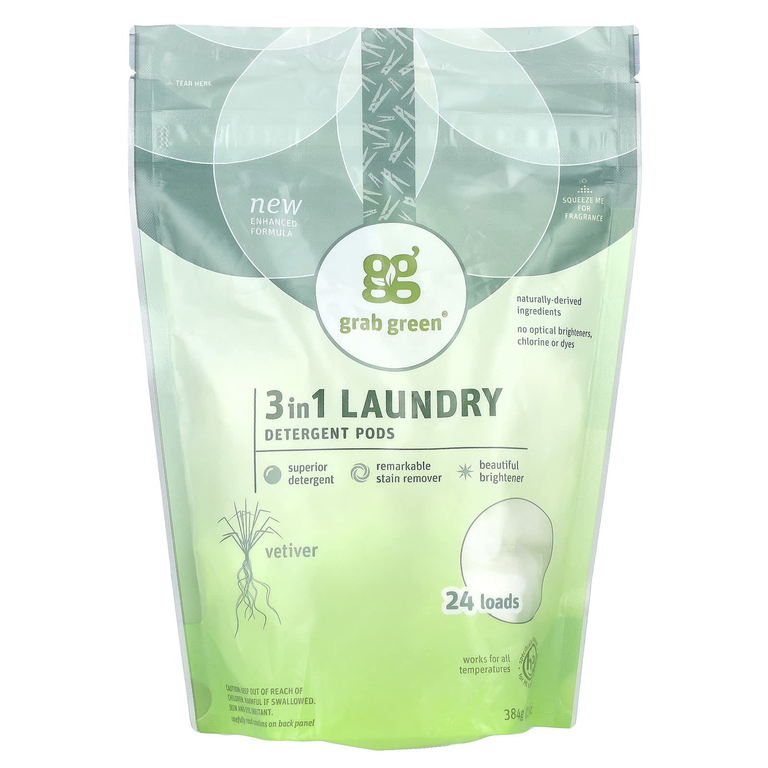 Grab Green, стиральный порошок в капсулах 3-в-1, ветивер, 24 загрузки, 384 г (13,5 унции)