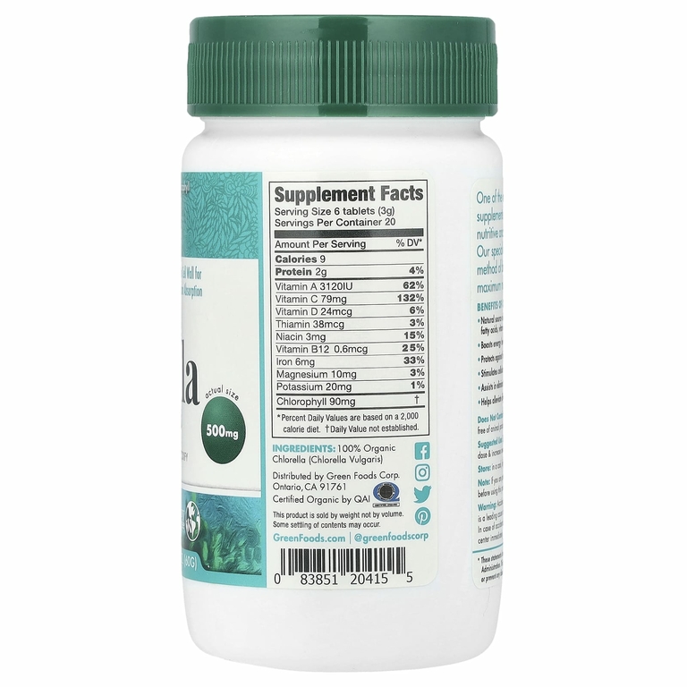 Green Foods, Органическая хлорелла, 500 мг, 120 таблеток