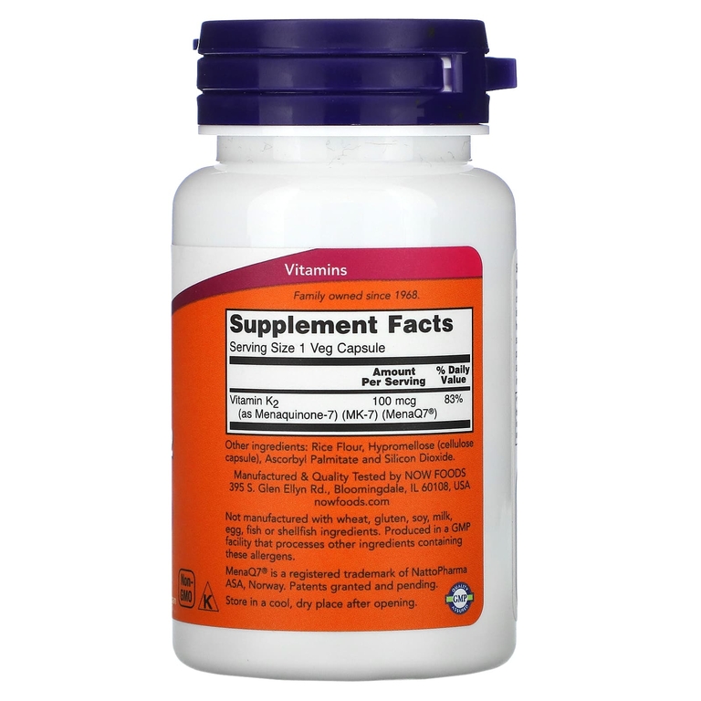 NOW Foods, MK-7, витамин K2, 100 мкг, 60 растительных капсул
