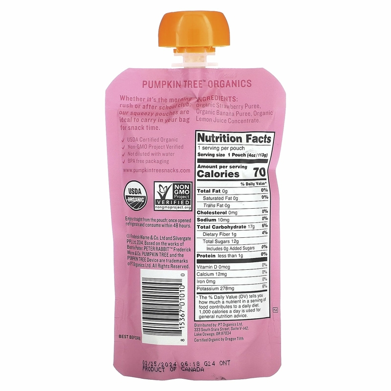 Pumpkin Tree Organics, Peter Rabbit Organics, органическое фруктовое пюре, клубника и банан, 113 г (4 унции) (Товар снят с продажи) 