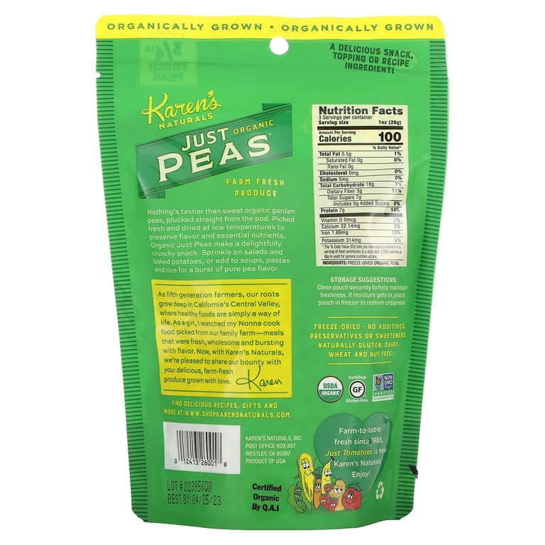Karen's Naturals, Органический горох, 3,5 унции (98 г)