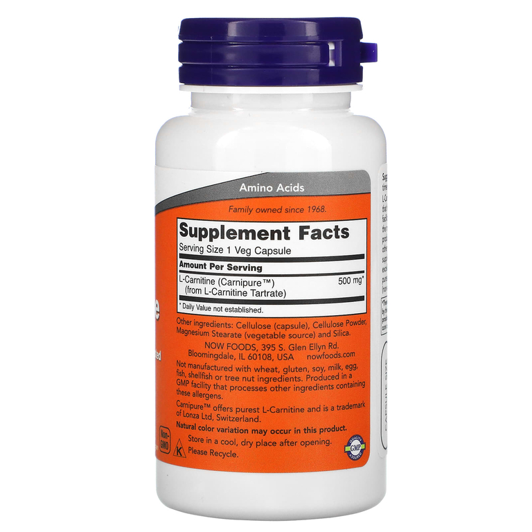 NOW Foods, L-карнитин, 500 мг, 60 растительных капсул