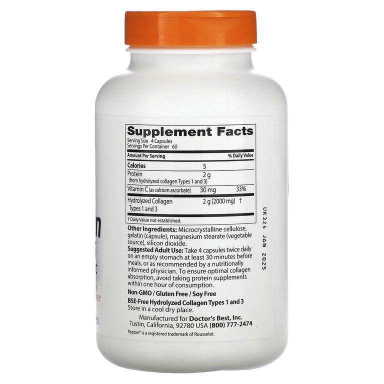 Doctor's Best, коллаген 1 и 3 типов с Peptan и витамином C, 500 мг, 240 капсул (125 мг в 1 капсуле)