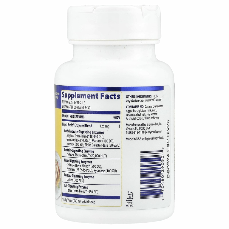 Enzymedica, Digest Basic, формула основных ферментов, 30 капсул