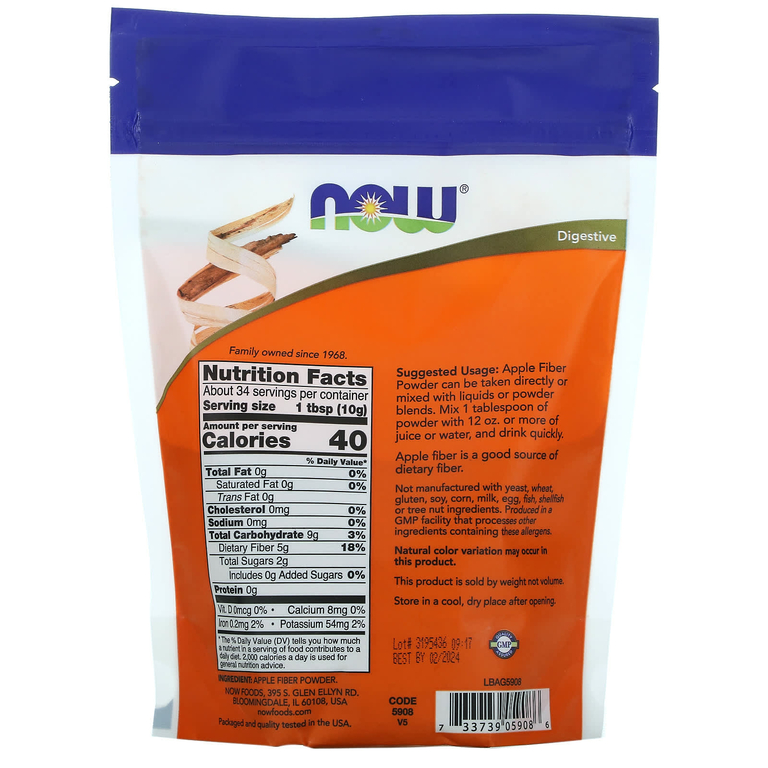 NOW Foods, яблочная клетчатка, чистый порошок, 340 г (12 унций)