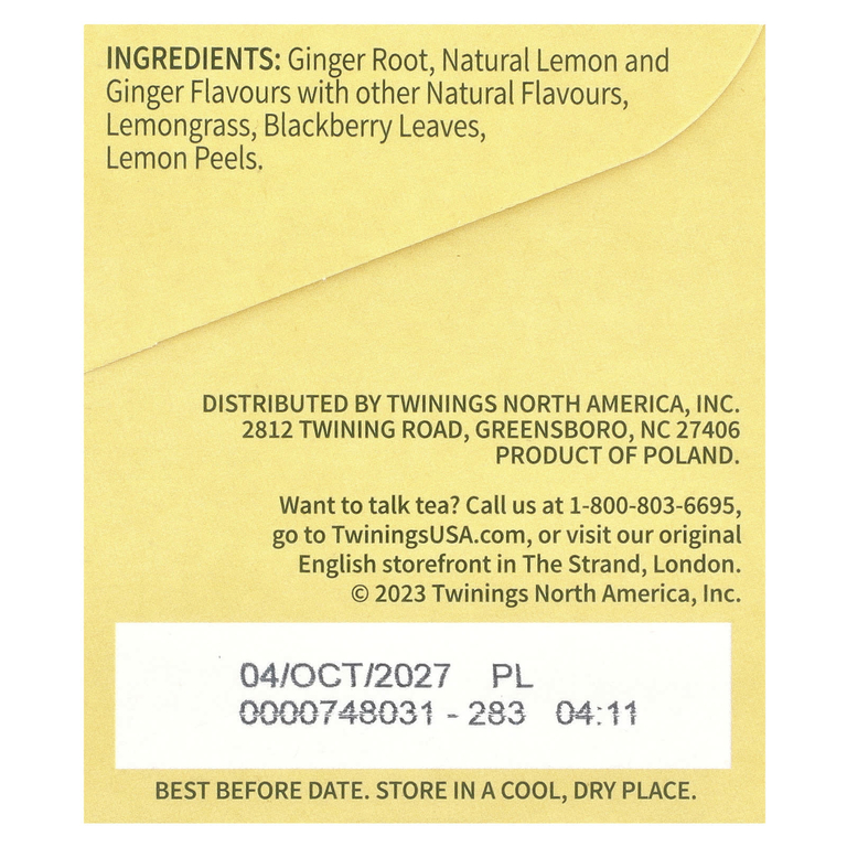 Twinings, Herbal Tea, Lemon & Ginger, Caffeine Free, 20 Tea Bags, 1.06 oz (30 g)