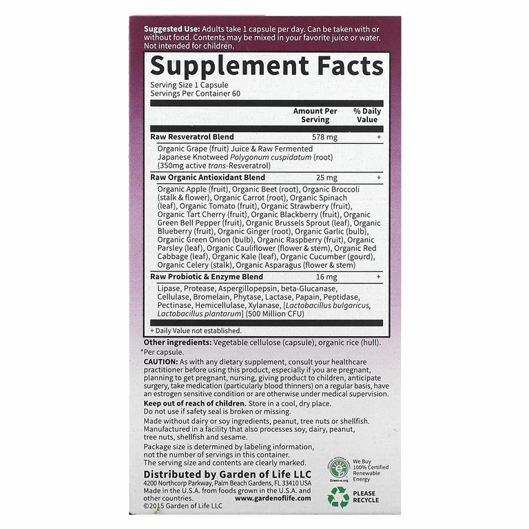 Garden of Life, RAW Resveratrol, 350 мг, 60 веганских капсул