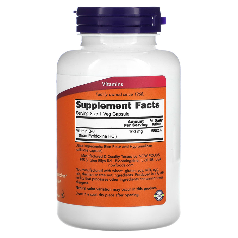 NOW Foods, витамин В6, 100 мг, 250 вегетарианских капсул