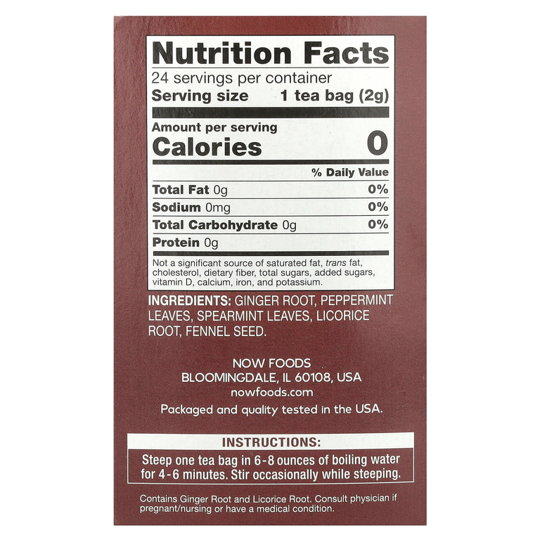 NOW Foods, имбирь и мята, без кофеина, 24 чайных пакетика, 48 г (1,7 унции)
