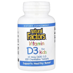 Natural Factors, витамин D3 для детей, клубничный вкус, 10 мкг (400 МЕ), 100 жевательных таблеток
