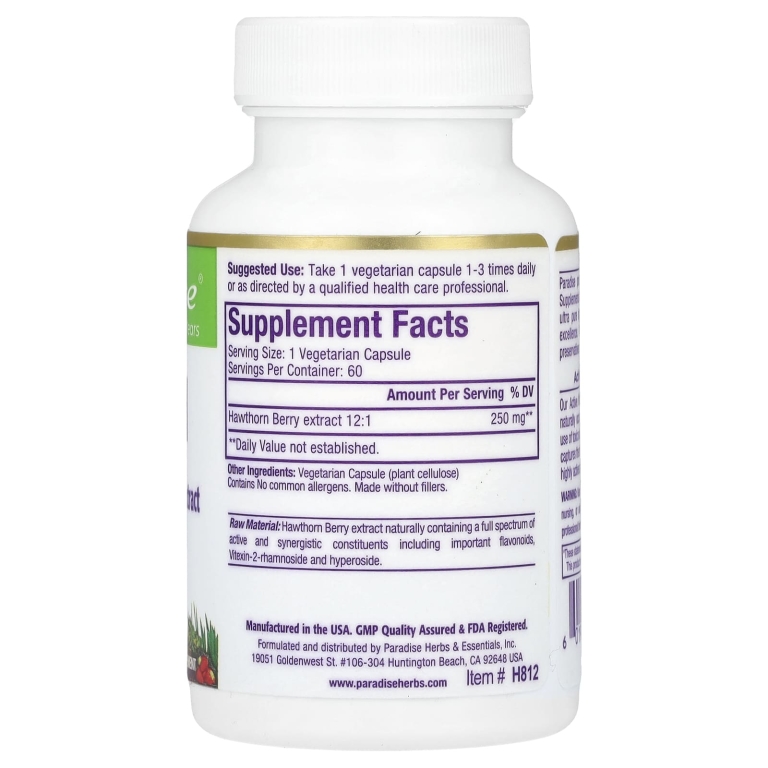 Paradise Herbs, Боярышник, 250 мг, 60 вегетарианских капсул