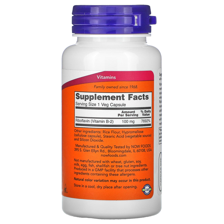 NOW Foods, витамин B-2, 100 мг, 100 вегетарианских капсул