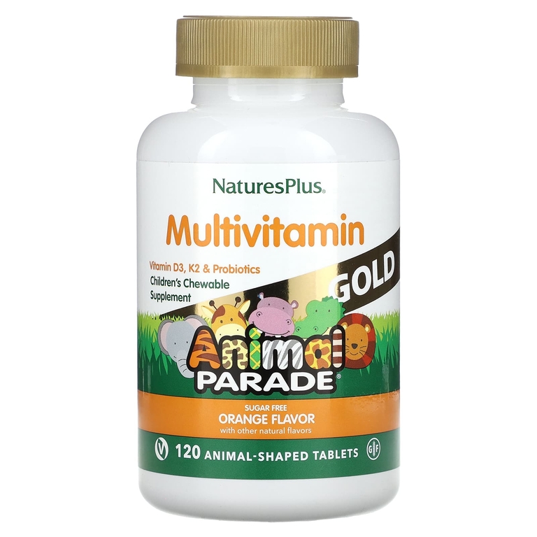 NaturesPlus, Animal Parade Gold, мультивитамины для детей, со вкусом апельсина, без сахара, 120 таблеток в форме животных