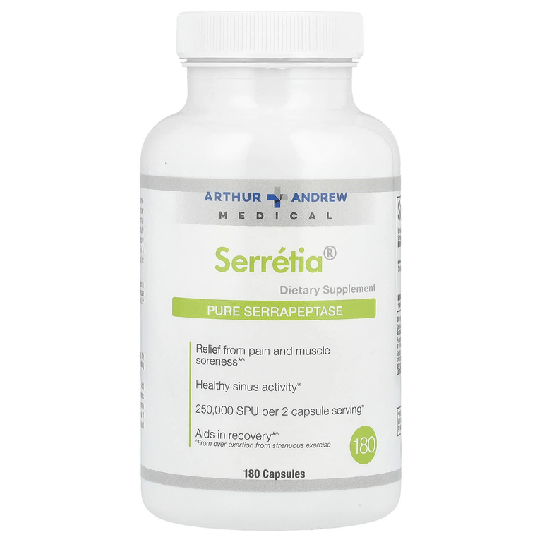 Arthur Andrew Medical, Serretia, чистая серрапептаза, 250 000 SPU, 180 капсул (125 000 SPU в 1 капсуле)