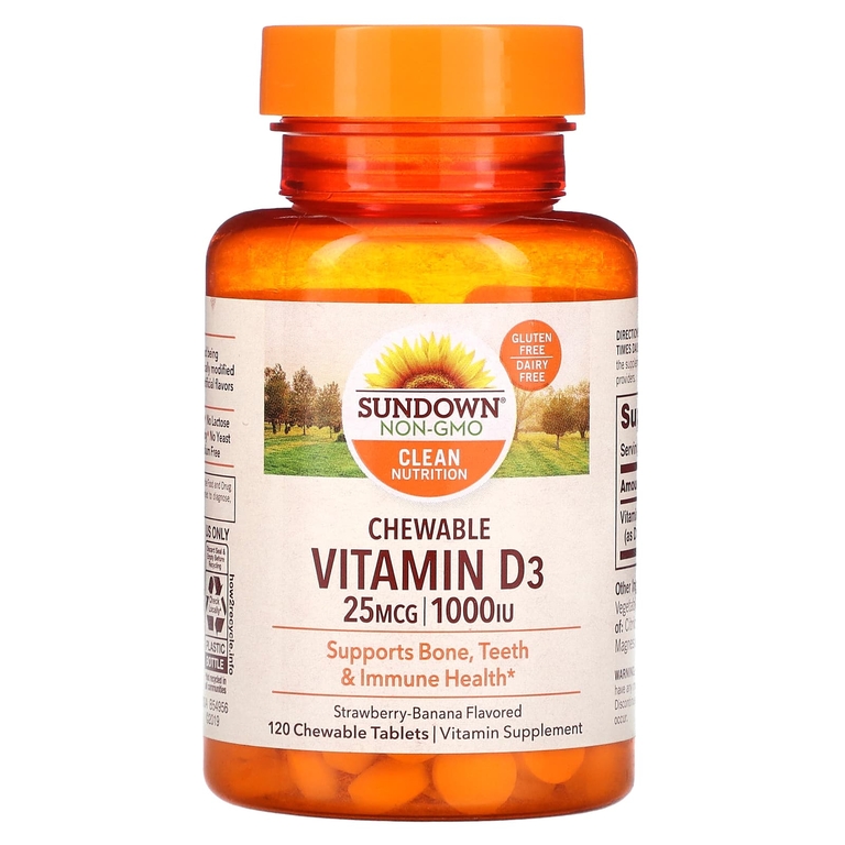 Sundown Naturals, Жевательный витамин D3 со вкусом клубники и банана, 25 мг (1000 МЕ), 120 жевательных таблеток (Товар снят с продажи) 