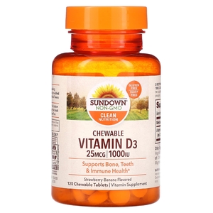Sundown Naturals, Жевательный витамин D3 со вкусом клубники и банана, 25 мг (1000 МЕ), 120 жевательных таблеток (Товар снят с продажи) 