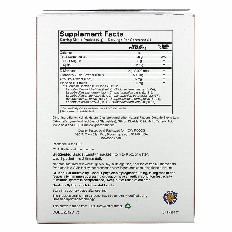 NOW Foods, клюква, манноза и пробиотики, для женщин, в компактной упаковке, 24 пакета по 6 г (0,21 унции) каждый