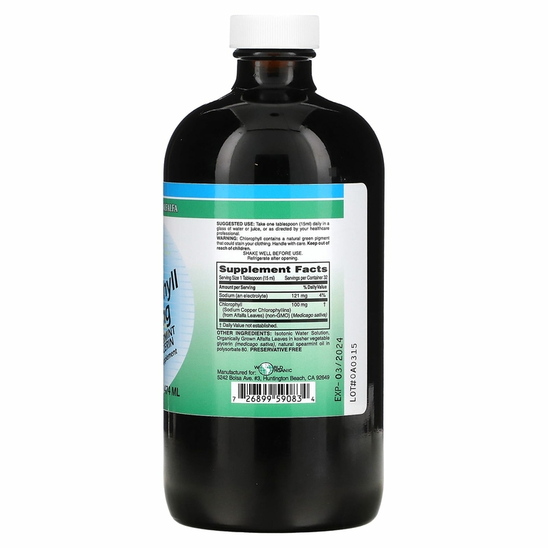 World Organic, жидкий хлорофилл с мятой и глицерином, 100 мг, 474 мл (16 жидк. унций)