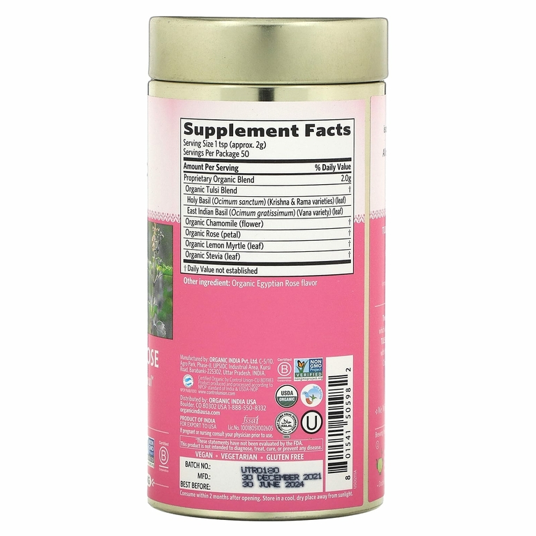 Organic India, тулси и сладкая роза, без кофеина, 100 г (3,5 унции)