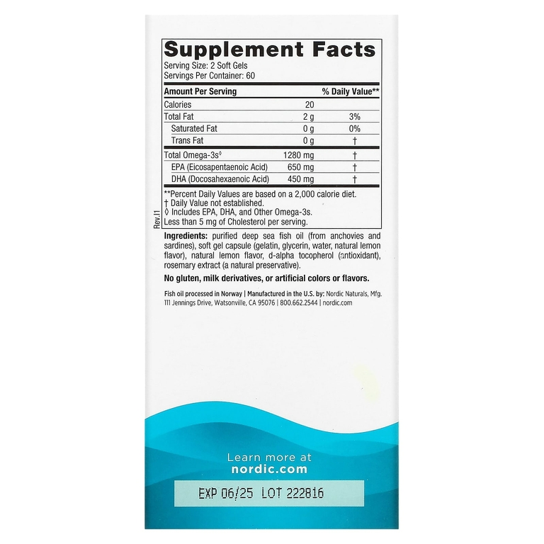 Nordic Naturals, Ultimate Omega, высокоэффективные омега-3 кислоты, со вкусом лимона, 1280 мг, 120 капсул (640 мг в 1 капсуле)
