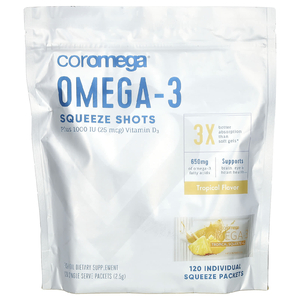 Coromega, омега-3, экстракт омега-3, с витамином D3, тропические фрукты, 120 отдельных пакетиков по 2,5 г