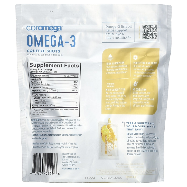 Coromega, омега-3, экстракт омега-3, с витамином D3, тропические фрукты, 120 отдельных пакетиков по 2,5 г