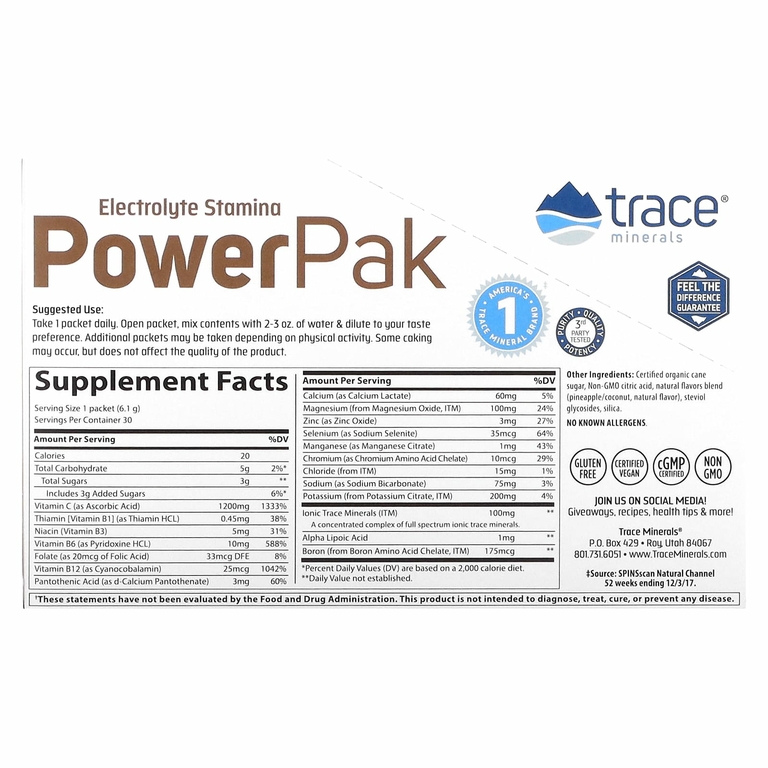Trace Minerals ®, PowerPak, электролит для повышения выносливости, ананас и кокос, 30 пакетиков, по 6,1 г (0,22 унции)