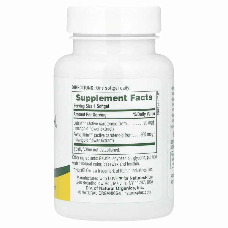 NaturesPlus, Ultra Lutein® с зеаксантином, 20 мг, 60 мягких таблеток