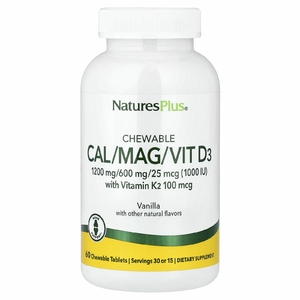 NaturesPlus, жевательные кальций, магний, витамин D3 с витамином K2, ваниль, 60 жевательных таблеток