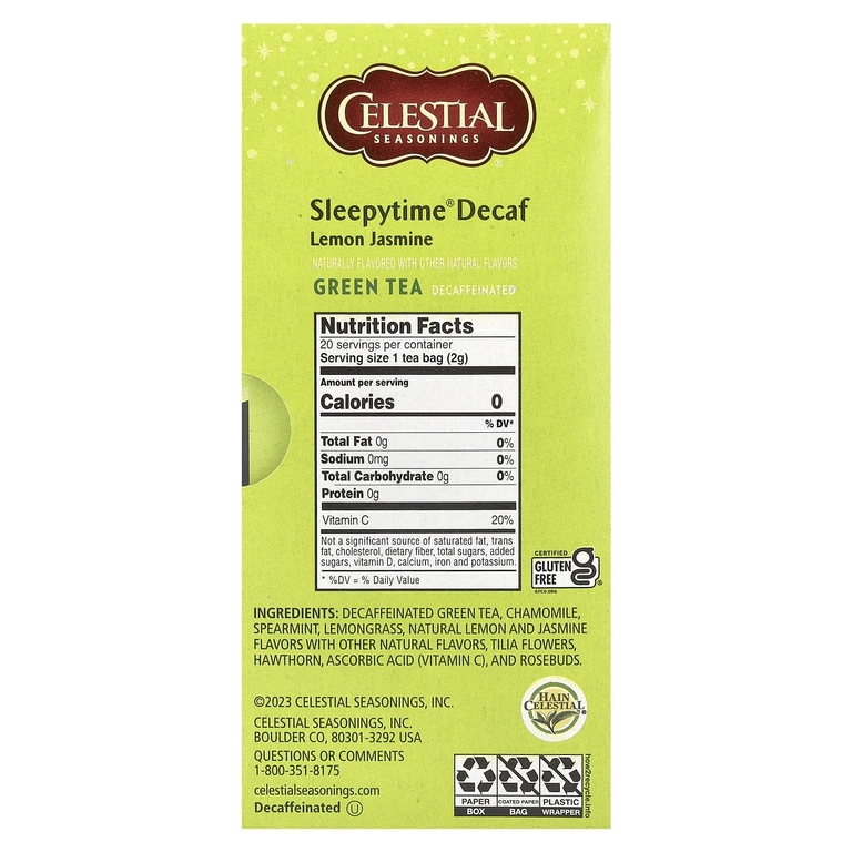Celestial Seasonings, Sleepytime, зеленый чай, со вкусом лимона и жасмина, без кофеина, 20 чайных пакетиков, 31 г (1,1 унции)