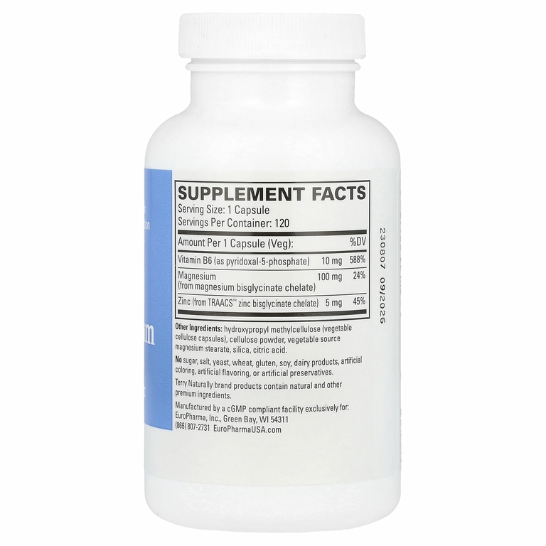 Terry Naturally, Биоактивный магниевый комплекс с P-5-P и цинком, 120 капсул