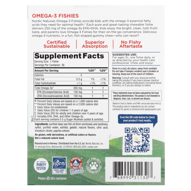 Nordic Naturals, рыбки с омега-3, без сахара, для детей от 3 лет, тутти фрутти, 300 мг, 36 рыбок