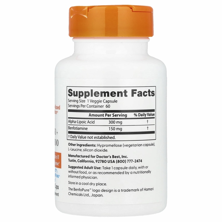 Doctor's Best, бенфотиамин 150 и альфа-липоевая кислота 300, 60 вегетарианских капсул