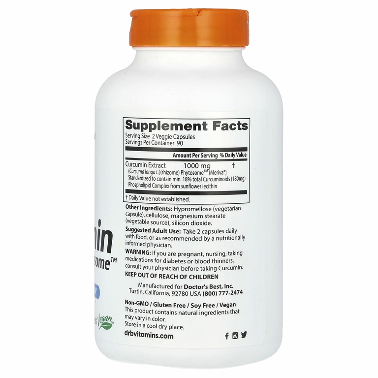 Doctor's Best, Curcumin Phytosome, куркумин, 1000 мг, 180 растительных капсул (500 мг в 1 капсуле)