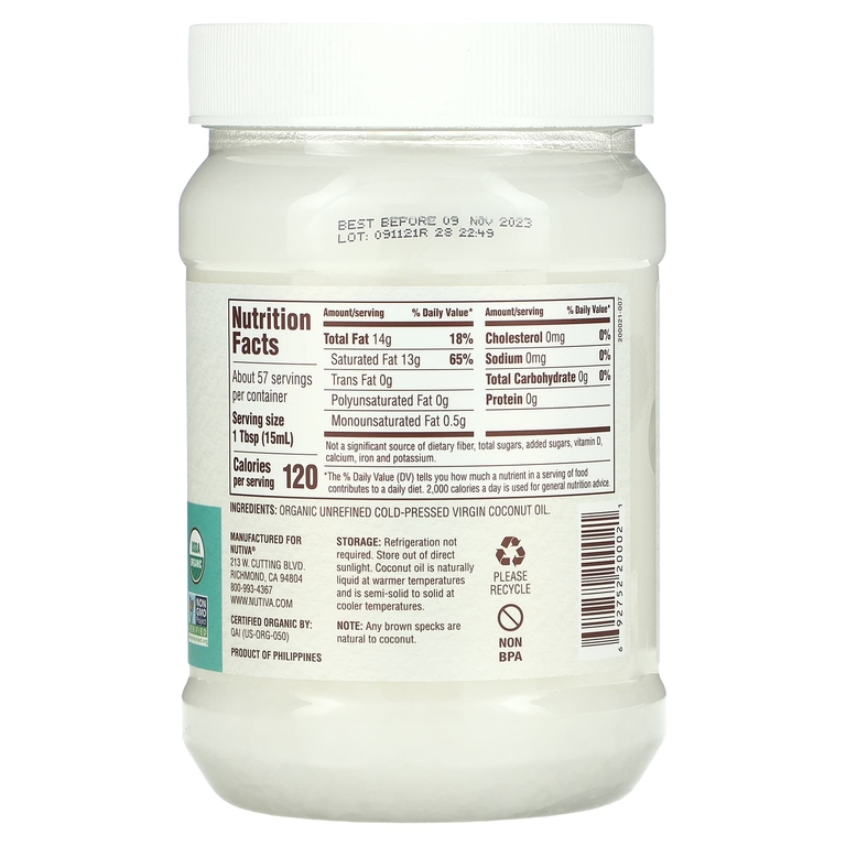 Nutiva, органическое кокосовое масло первого отжима, 858 мл (29 жидк. унций)