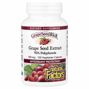 Natural Factors, экстракт виноградных косточек, 100 мг, 120 вегетарианских капсул