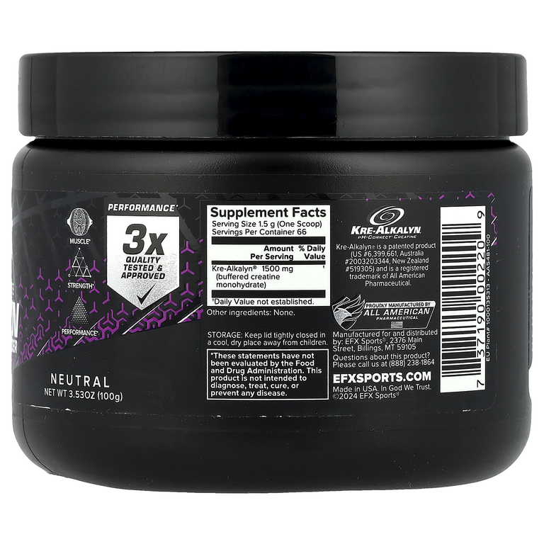 EFX Sports, pH-Correct®, моногидрат креатина, Kre-Alkalyn EFX, нейтральный, 100 г (3,53 унции)