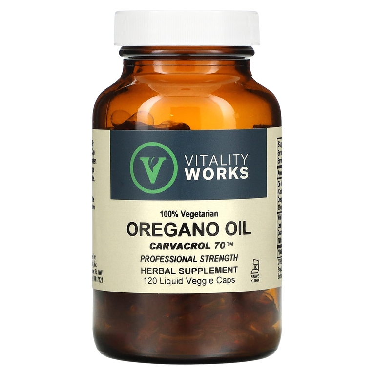 Vitality Works, масло орегано, карвакрол 70, 120 вегетарианских капсул с жидкостью