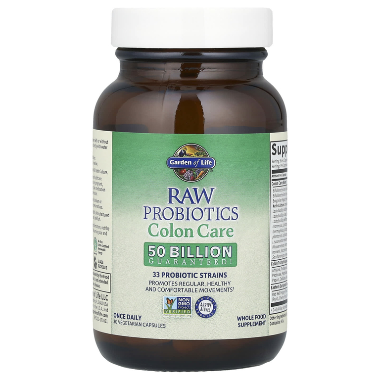 Garden of Life, RAW Probiotics, Colon Care, необработанные пробиотики для поддержки здоровья кишечника, 30 вегетарианских капсул