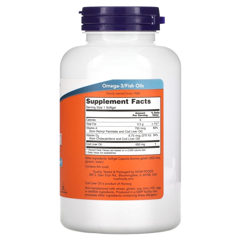 NOW Foods, Cod Liver Oil, 650 мг, 250 мягких желатиновых капсул