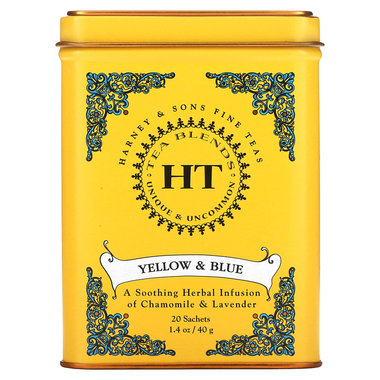 Harney & Sons, HT Tea Blend, желтый и голубой, ромашка и лаванда, без кофеина, 20 чайных саше, 40 г (1,4 унции)