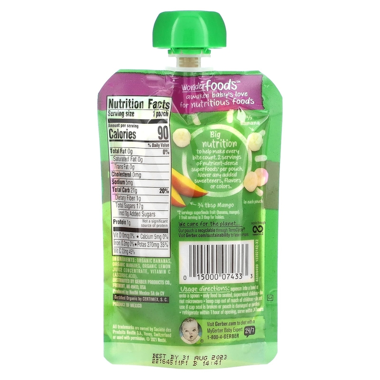 Gerber, Organic for Baby, Wonder Foods, 2nd Foods, банан и манго, 99 г (3,5 унции)