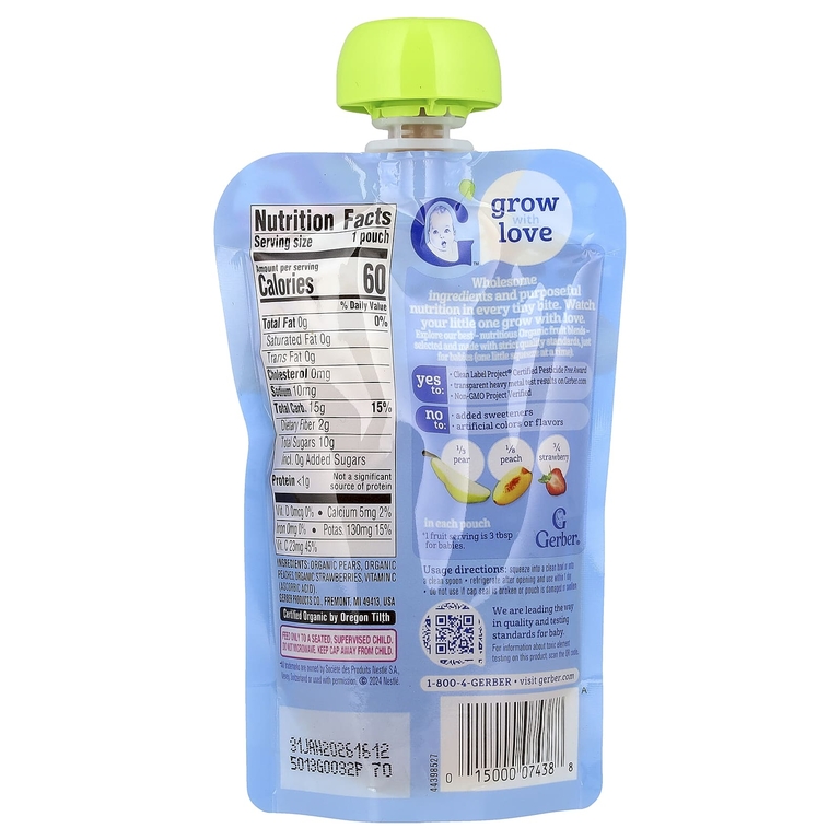 Gerber, Органическое пюре, 2nd Foods®, груша, персик, клубника, 99 г (3,5 унции)