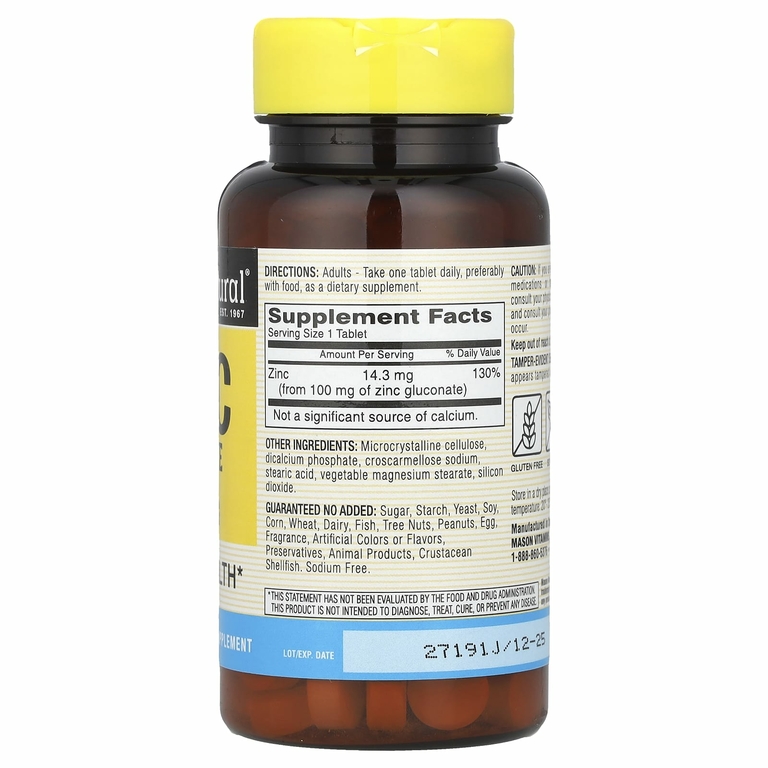 Mason Natural, Хелатный глюконат цинка, 100 мг, 100 таблеток