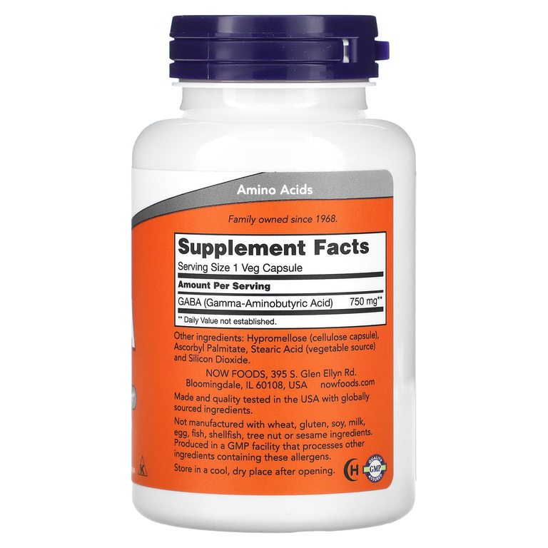 NOW Foods, ГАМК, 750 мг, 100 растительных капсул