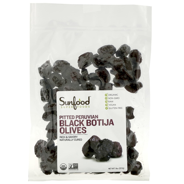 Sunfood, Botija, черные перуанские оливки без косточек, 227 г (8 унций)