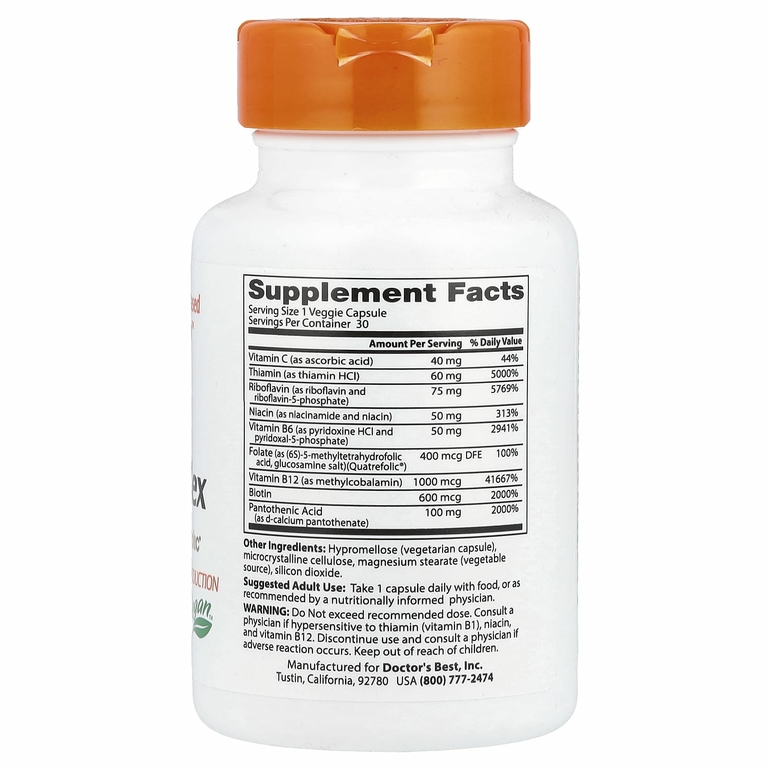 Doctor's Best, комплекс активных витаминов B с Quatrefolic, 30 вегетарианских капсул