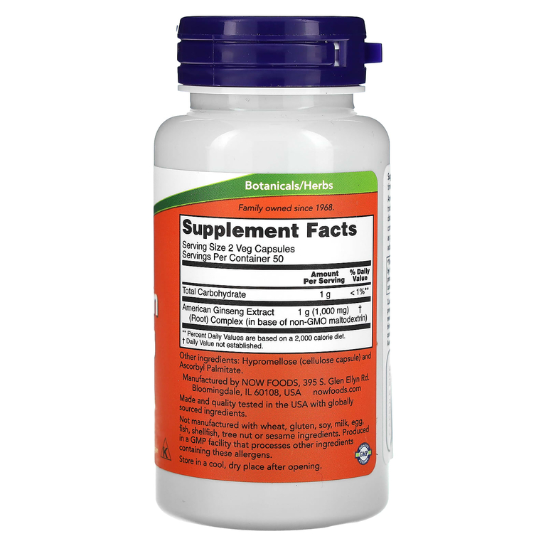 NOW Foods, экстракт женьшеня американского, 100 вегетарианских капсул